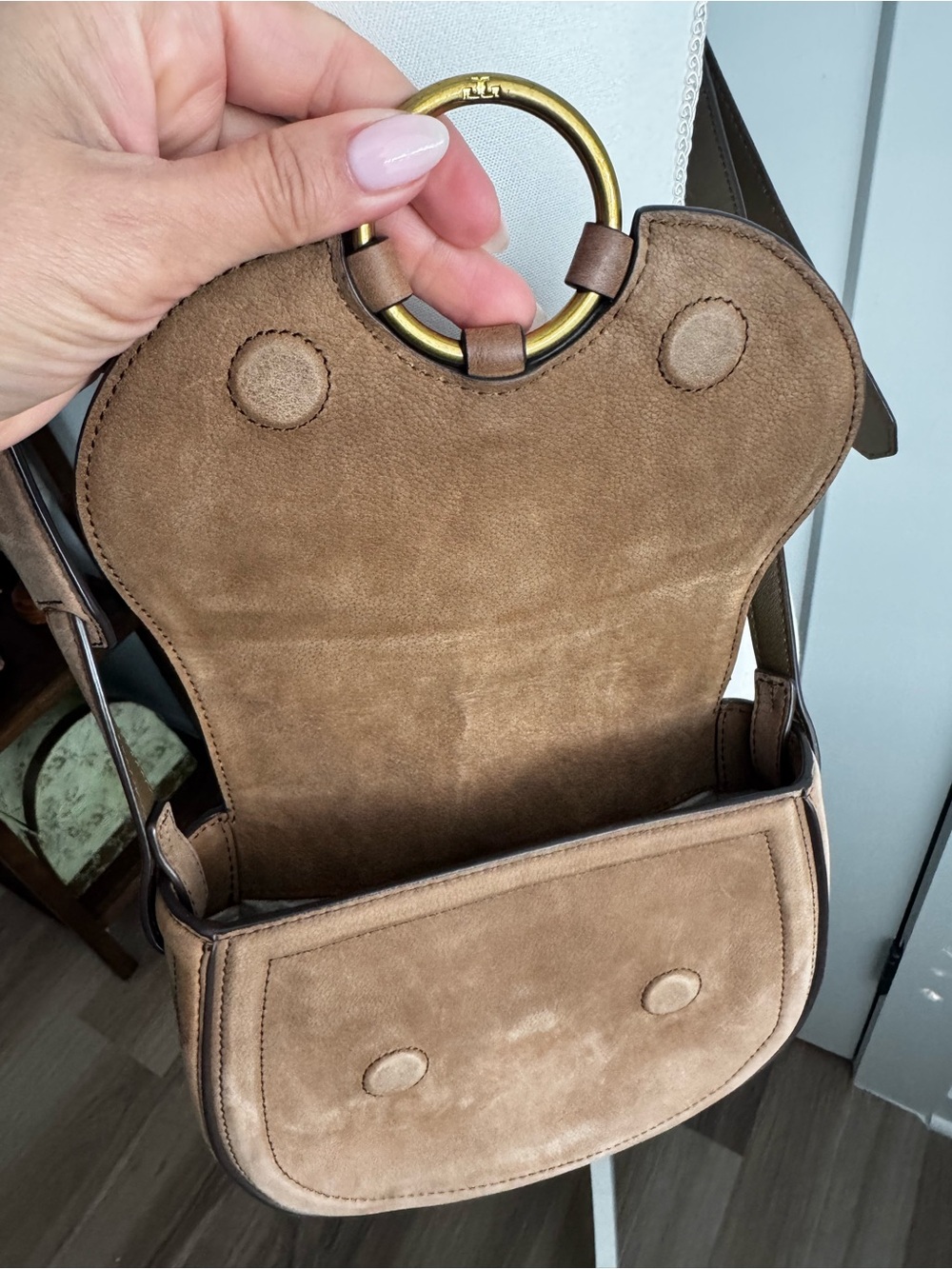 Tory Burch Tan Suede Saddle Crossbody with Gold Ring - Picture 5 of 8